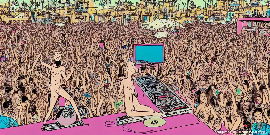 Prompt: intricate detailed artwork of a cute caracal dj playing in Ibiza in front of thousands of beautiful female women dancing , in the style of Geof Darrow, no hair, sunglasses, beard, wires, speakers, neon