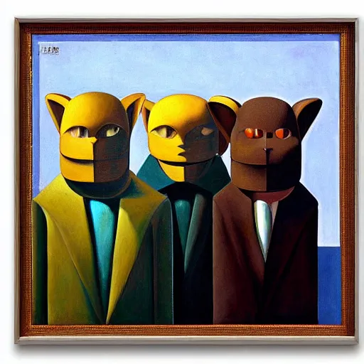 Image similar to three brutalist feline robots portrait, grant wood, pj crook, edward hopper, oil on canvas