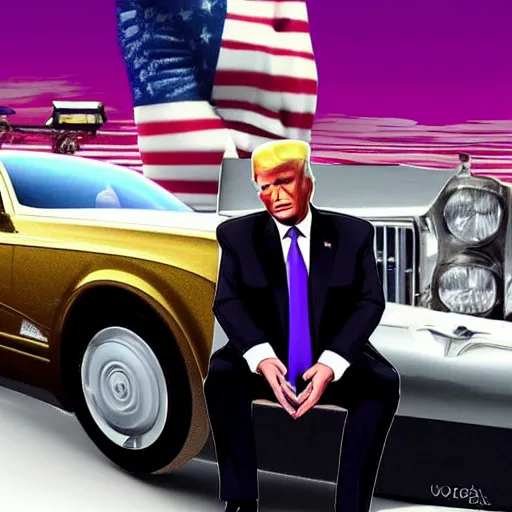 Image similar to donald trump sitting next to a roll's royce, gta 5 artwork, gold chain necklace, purple suit