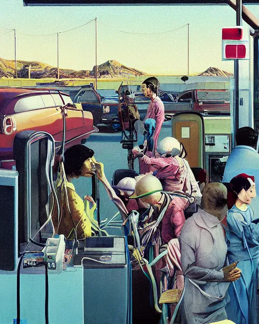 Image similar to square people conversing at a gas station with large oxygen tank in the style of Francis Bacon and Syd Mead and Norman Rockwell and Beksinski, open ceiling, highly detailed, painted by Francis Bacon and Edward Hopper, painted by James Gilleard, surrealism, airbrush, very coherent, triadic color scheme, art by Takato Yamamoto and James Jean