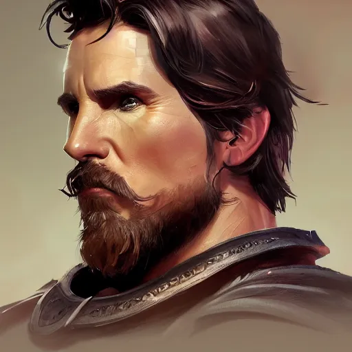 Image similar to Portrait of Christian Bale as a strong human gladiator, perfect facial symettry, mattepainting concept Blizzard pixar maya engine on stylized background splash comics global illumination lighting artstation, jose daniel cabrera pena, rossdraws