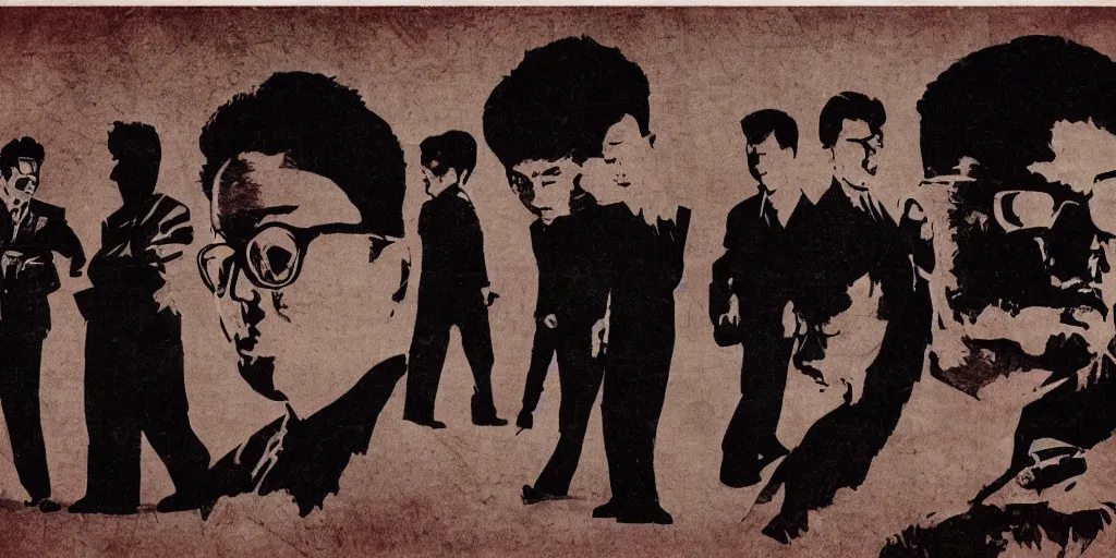 Image similar to kim jong - il silhouette, 1 9 6 0 s pyongyang, film noir in the style of ghost in the shell by mamoru oshii