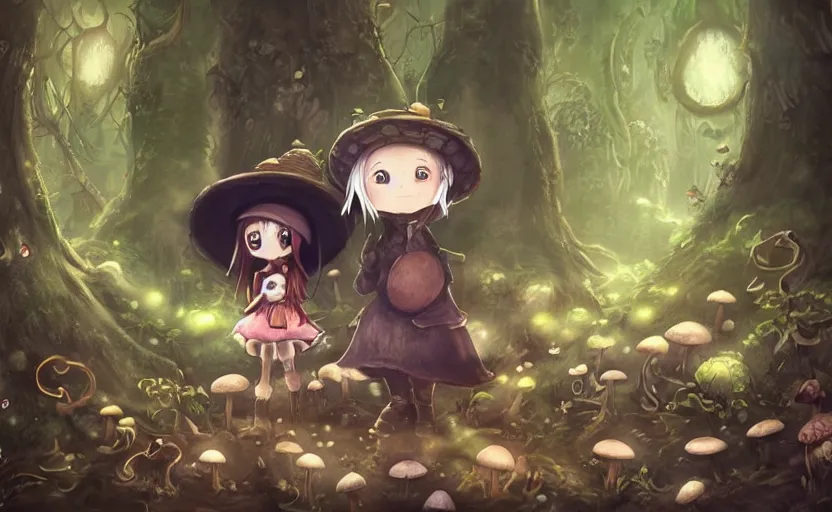 Image similar to cute little girl with an long black wearing an mushroom hat in the dark forest next to a sinister monster, cute, clean detailed art, inspired by made in abyss, detailed background, fantastic world