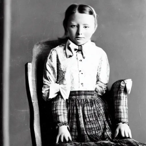 Prompt: a girl with a bow tie sitting in a chair with a head replaced by a head of old nabokov