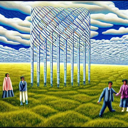 Image similar to in a field, two scientists in lab coats encounter a monster shaped like the DNA double helix, stormy weather, by Rob Gonsalves