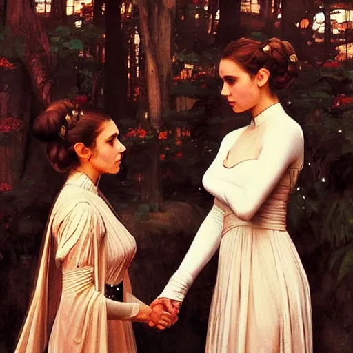 Prompt: !dream princess leia organa and queen padme amidala holding hands, perfect face, perfect body, flirty, full body portrait, drawn by john william waterhouse