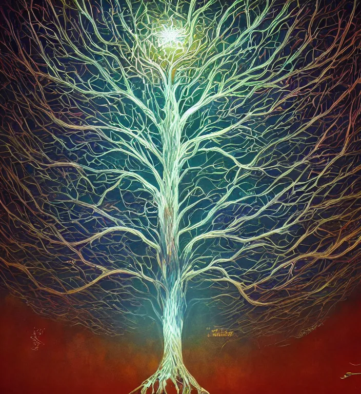 Prompt: stunning tree of life a system based robot neuron field of light, 8 k resolution concept art photorealism acrylic art back lit horde 3 d beautiful retro detailed painting, studio ghibli