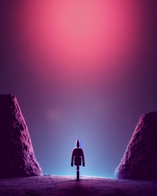 Image similar to a robot standing in front of a glowy open door that's on a barren moon, poster art by mike winkelmann, trending on cg society, space art, sci - fi, ue 5, futuristic, volumetric lighting, light casting onto the ground, neat composition and camera angle