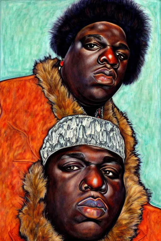 Image similar to a portrait of biggie smalls wearing boho - chic style clothes, with a fur muffler, full body!!, realistic painting in egon schiele style, masterpiece, hyperdetailed, complex, intricate, 4 k, trending on artstation