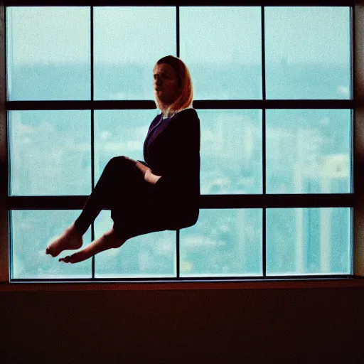 Image similar to woman with her feet on window of high rise condo. Raining outside. Cinestill 800t.