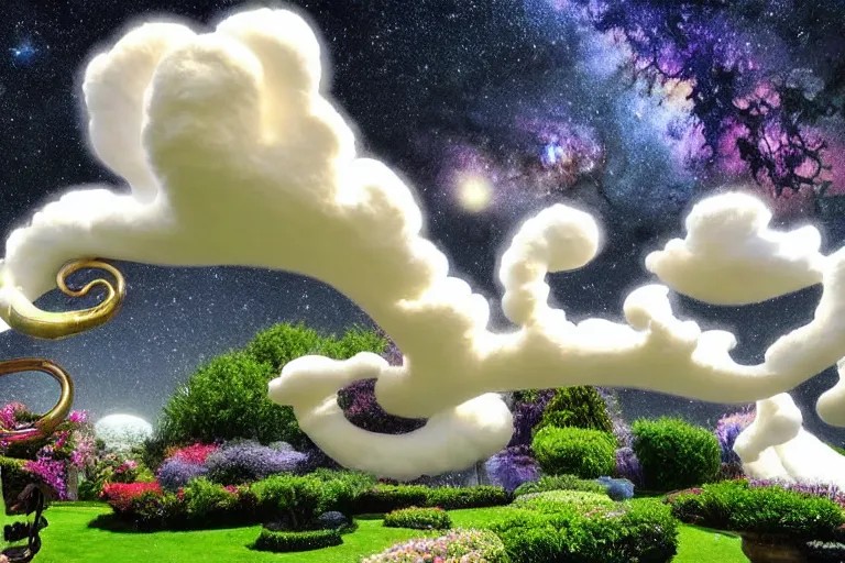 Image similar to a huge flock of many intricate elegant french horn cloud sculptures, art nouveau garden environment, soothing, milky way, award winning art, epic dreamlike fantasy landscape, ultra realistic,