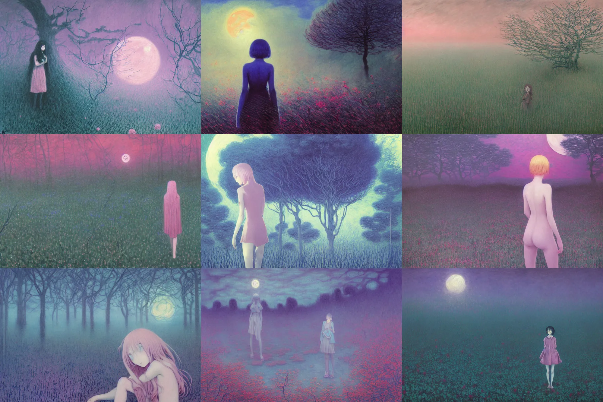 Prompt: gloomy eerie retro anime girl in a blue landscape at night, overgrown with trees and thorns. the sea is pink. bright moon in the sky, glowing moonlight in the darkness, strange ethereal being, sad eyes, Zdislaw Beksinski, Yoshitaka Amano, beautiful painting by claude monet, highly detailed textured 8k