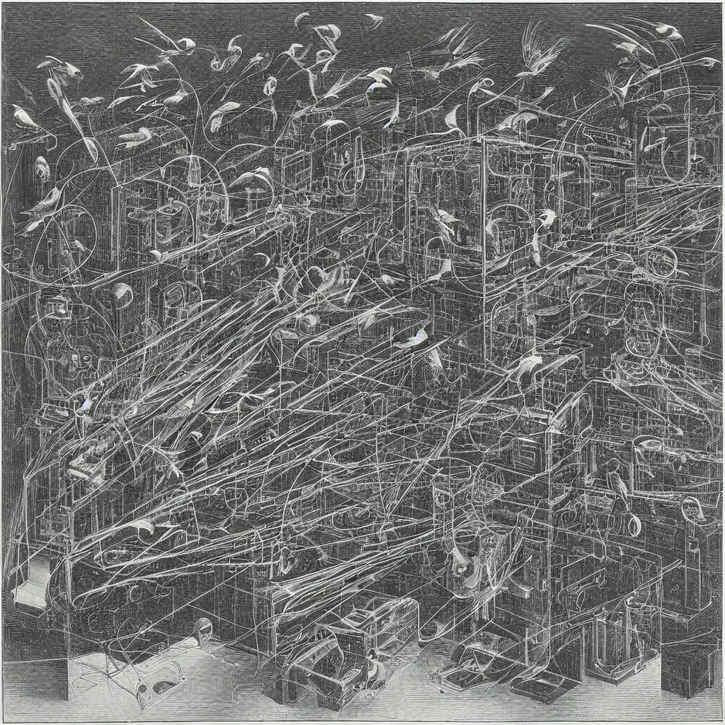 Prompt: An engraving by Max Ernst of a infinite datacenter, computers, smoke and birds, 1929