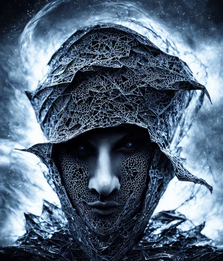 Image similar to impressive ominous front!! shot photo of a court jester character fine portrait fine portrait mesmerizing fractal hyper cubes platinum cracked dark future hyper dimensional space galactic crystal nebula edges elegant detailed intricate concept artstation sharp focus ray tracing cinematic masterpiece temporal corruption beeple wlop germ 8 4 k scifi glossy hyper realistic illustration canon eos r 3 fujifilm x - t 3 0 sony alpha a 6 6 0 0