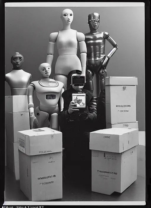 Image similar to three humanoid robots with an adult male human looking face is the statue of liberty, polaroid, flash photography, photo taken in a completely dark storage room where you can see some empty boxes in the background,