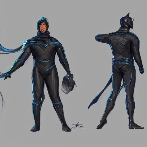 Image similar to a hero named rope man, his suit is black and blue and he has a bat like wing suit under it, mystic, concept art, artstation, greg rutkowski, reference sheet, rope is his weapon