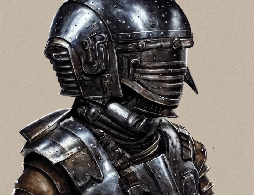 Image similar to a detailed portrait painting of a lone bounty hunter wearing combat armour and a reflective visor. Head and chest only. Dieselpunk elements. Movie scene, cinematic sci-fi scene. Flight suit, cloth and metal, accurate anatomy. Samurai influence, knight influence. fencing armour. portrait symmetrical and science fiction theme with lightning, aurora lighting. clouds and stars. Futurism by moebius beksinski carl spitzweg moebius and tuomas korpi. baroque elements. baroque element. intricate artwork by caravaggio. Oil painting. Trending on artstation. 8k