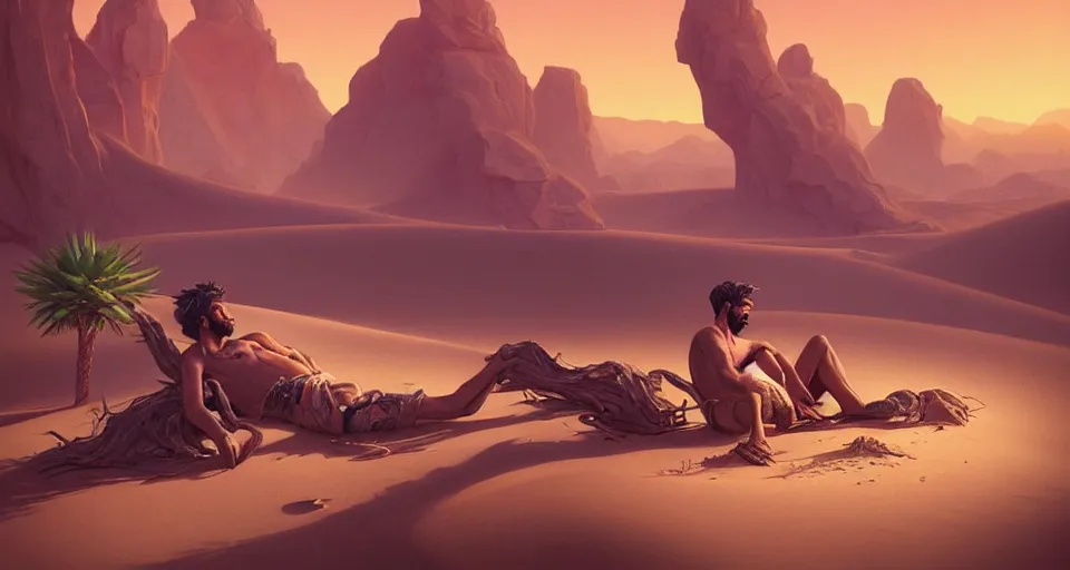 Prompt: a male desert vagabond lounging next to an oasis!!!! surrounded by sand dunes, by wlop and peter mohrbacher, extremely detailed shading, concept art, digital painting, trending on artstation, unreal engine 5, octane render, atmosphere, glow, cinematic lighting, full of color