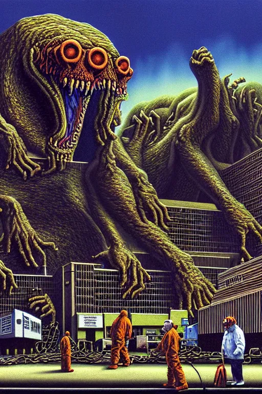 Prompt: a hyperrealistic detailed painting of a emergency chaos at the nuclear power plant, radioactive radiation monster eating the laboratory by chris cunningham and richard corben, highly detailed, vivid color,