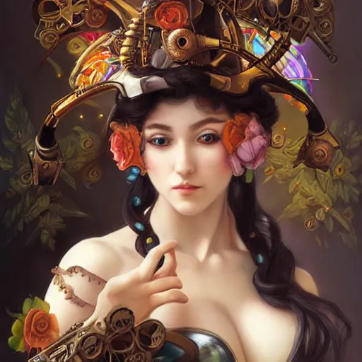 Image similar to a portrait painting of a fantasy steampunk lady, highly detailed, art by tristan eaton and artgerm and william - adolphe bouguereau