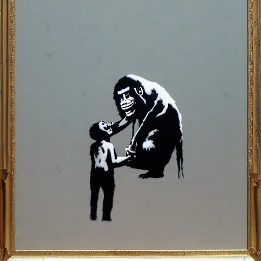 Image similar to ape painting a picture made by banksy