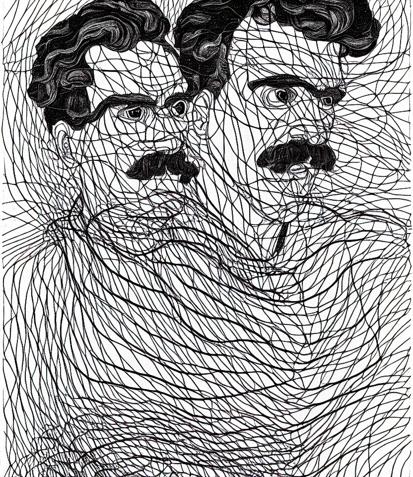 Image similar to detailed line art portrait of german philosopher frierich nietzsche, inspired by egon schiele. contour lines, musicality, twirls and curves, strong personality