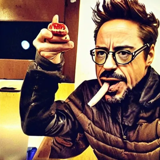 Image similar to robert downey jr eating a delicious hot dog on the moon, cell phone selfie