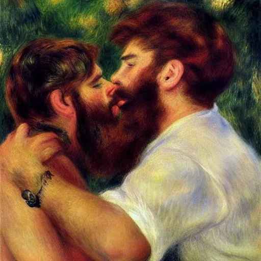 Image similar to art by renoir, bearded man kissing bearded man