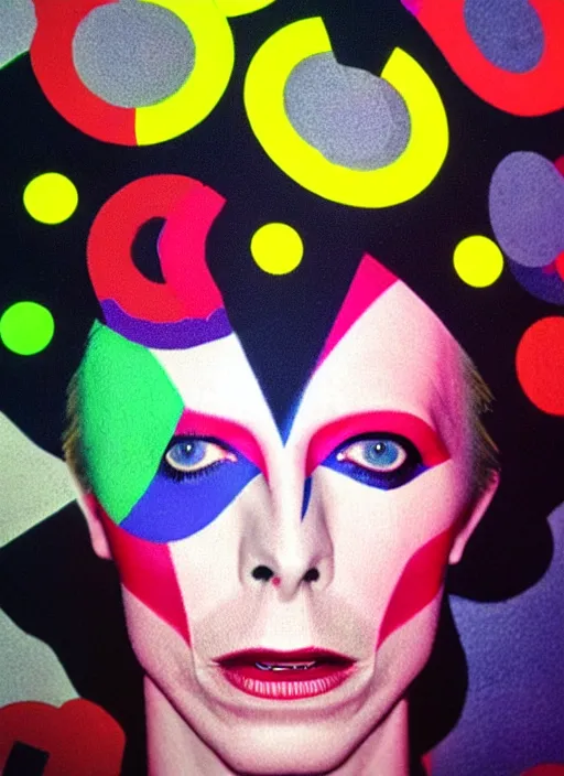 Image similar to portrait close up of david bowie music clip with sonia delaunay clothing, neon lights, photorealistic, eastman kodak