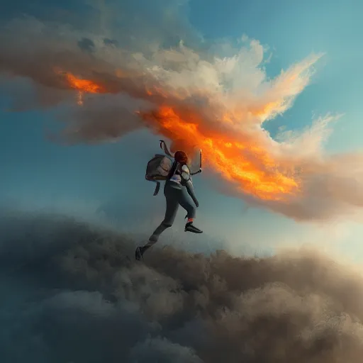 Image similar to running and falling on burning clouds, 4k, post-processing, very very detailed, artstation, cute