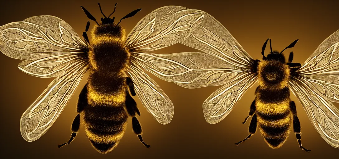 Prompt: An epic, ornate, highly detailed painting of a bee with back-lit translucent glowing angels wings, rim light, volumetric lighting, octane render, 8k