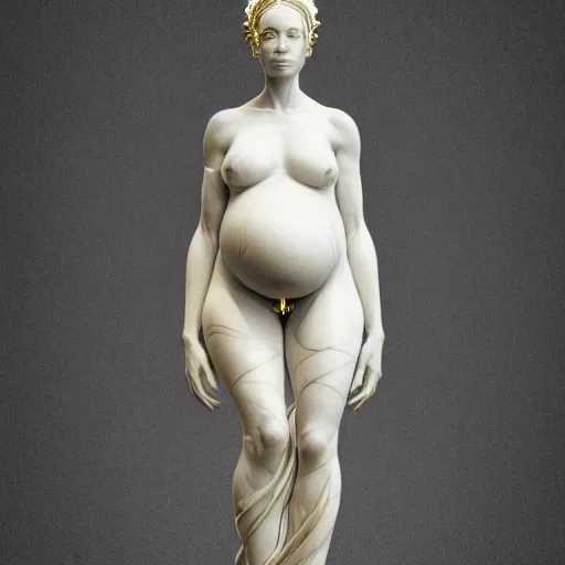 Prompt: a statue made of white marble with gold veins, of an beautiful pregnant woman, perfect symmetrical body, perfect symmetrical face, closed eyes, hyper realistic, hyper detailed, fujicolor superia, bokeh background, full body shot, by peter kemp, by monia merlo octane render, blender, 8 k