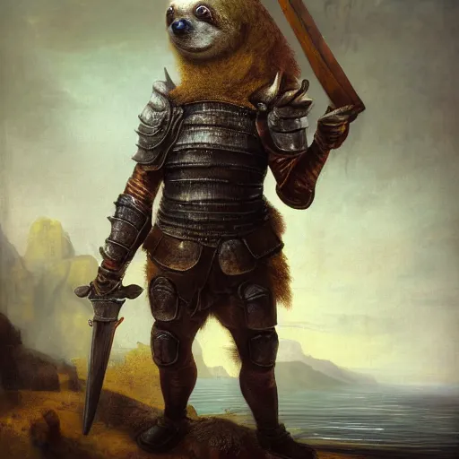 Prompt: anthropomorphic bipedal silly sloth that is wearing full iron plate armor, and holding a colossal sword in his hand, as a matte oil painting and d & d character art, by rembrandt, big turtle shell, standing, fullbody, lots of bubbles, sea foam, saltwater, ocean, award - winning, extremely detailed, sharp focus