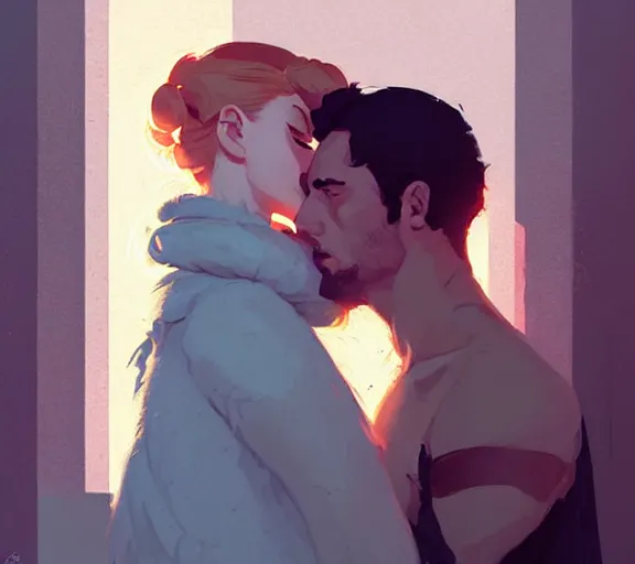 Image similar to portrait of jon kissing sansa by atey ghailan, by greg rutkowski, by greg tocchini, by james gilleard, by joe fenton, by kaethe butcher, dynamic lighting, gradient light blue, brown, blonde cream and white color scheme, grunge aesthetic