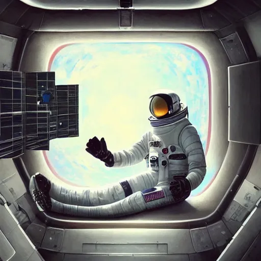 Image similar to long shot of astronaut sitting in space, calm, soothing, relaxed, cosy, quiet, elegant, digital painting, realism, cyberpunk art, acrylic on canvas, flooko,