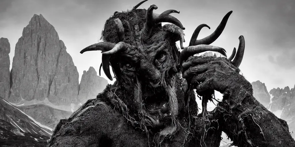 Image similar to historical sharp 4 k photograph of a tyrolean farmer turning into a grotesque monster with goathorns and roots growing from his face, dolomites in the background, dark, eerie, grainy