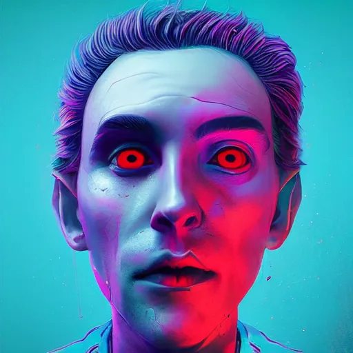 Image similar to Hyperdetailed psychedelic horror fantasy portrait of a vampire by Beeple, vivid color, hip hop album cover,