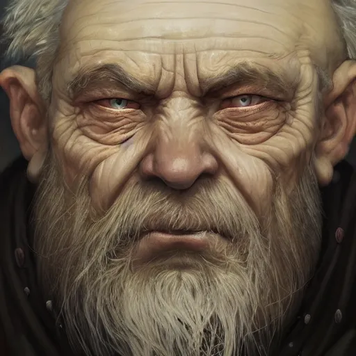 Image similar to a detailed matte head - on portrait painting of a sweet ugly old hobbit man, with a large scar and missing teeth portrait by charlie bowater, lise deharme, wlop, tending on arstation, dungeons and dragon, dnd, pathfinder, fanart, oil on canvas