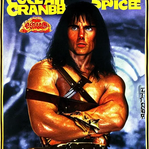 Image similar to tom cruise as conan the barbarian, molecular gastronomy, in the style of weird science movie poster artwork