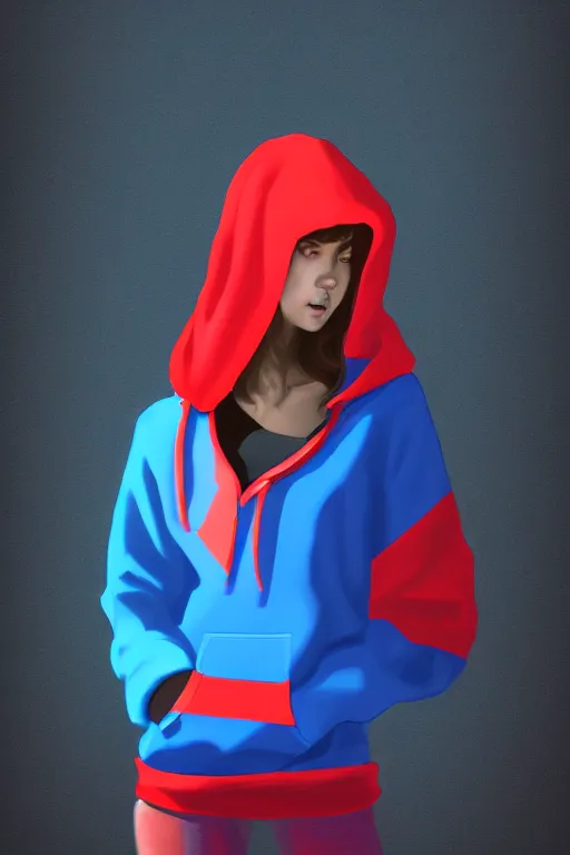 Image similar to a girl wearing a red and blue hoodie, artstation