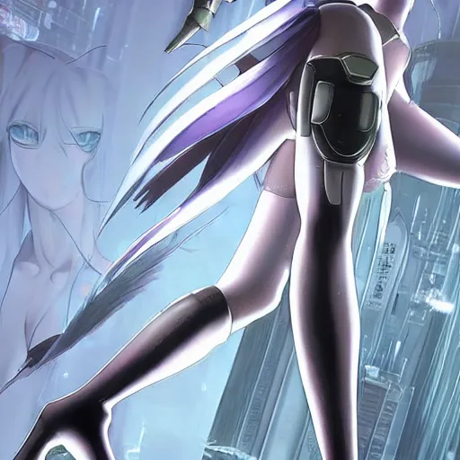 Image similar to A full body portrait of beautiful android personal bodyguard, photorealistic character, shot from the ground by Yoshiyuki Sadamoto. utopian vibes, female android (gynoid) design resembles gardevoir from pokemon and 2B from Nier Automata, with inspiration from Masamune Shirow and Cyberpunk 2077, outrunner aesthetic, trending on ArtStation, vivid octane render, 8k UHD image, Hyper realistic with intricate details.