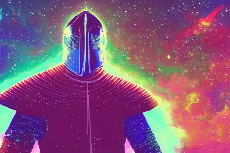 Image similar to digital art of a spiritual medieval knight looking up at the stars, acrylic art, universe, painting, pastel colors, synthwave, retro, cyberpunk,