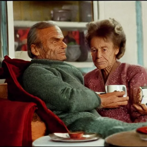 Image similar to terence hill drinking tea with an elderly lady in his mountain cabin, a cute earth pillow is visible in the couch