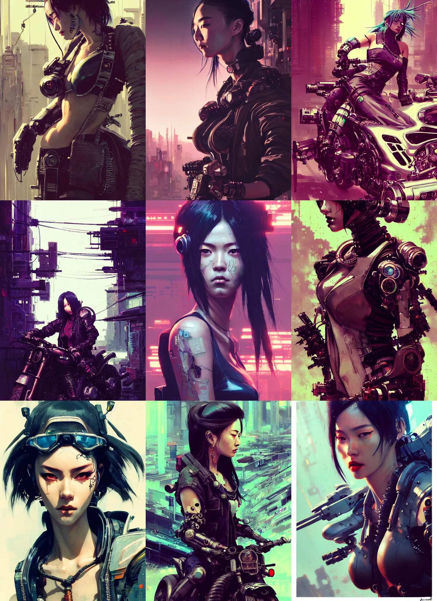 Prompt: hyper - realistic cyberpunk portrait of beautiful! alluring! cyborg, extreme detail, rule of thirds, motorcycle graveyard, in style of pan ren wei, atey ghailan, greg rutkowski, col price, yoji shinkawa, by greg tocchini, by james gilleard, by joe fenton, by kaethe butcher, grunge aesthetic