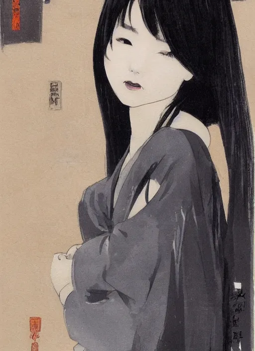 Prompt: painting of a young japanese woman standing in harajuku street, confident pose, intricate, elegant, sharp focus, illustration, highly detailed, concept art, art by frank frazetta