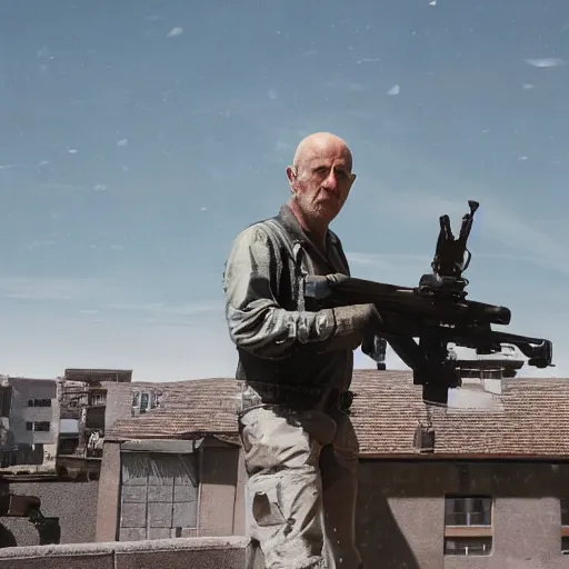 Image similar to film still of mike ehrmantraut aiming with a sniper rifle on a rooftop, 4 k, highly detailed