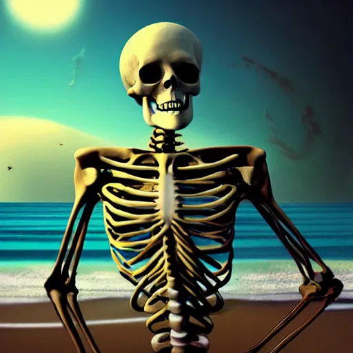 Image similar to Beautiful digital painting portrait of relaxed skeleton walking on the tropical beach with nuclear bomb explosion in the background, high quality, trending on Artstation, realistic, tropical color scheme, anatomically correct skeleton, high coherence, clear blue sky