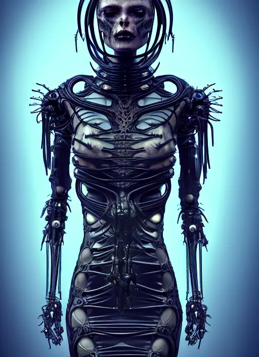 Image similar to gothic inflateble dark dress, perfect symmetrical body, helmet on face, full body shot, alien, plant predator, guyver, giger, wires, tubes, veins, jellyfish, white biomechanical details, wearing epic bionic cyborg implants, masterpiece, intricate, biopunk, vogue, highly detailed, artstation, concept art