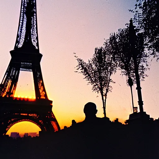 Prompt: hitler poses in front of the Eiffel tower at sunset, taken on hasselblad 500c, cinestill 800t