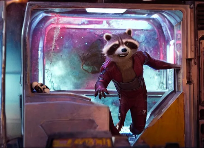 Prompt: film still of Rocket Racoon working in an ice cream truck in the new Guardians of the Galaxy movie, 4k